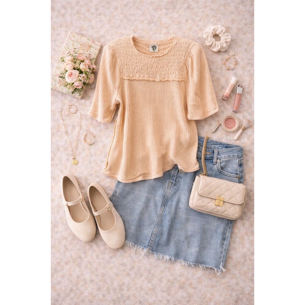 FREE PEOPLE We The Free Peach Smocked Top Short Sleeve Knit Boho Tee NWT | Small - Picture 9 of 9